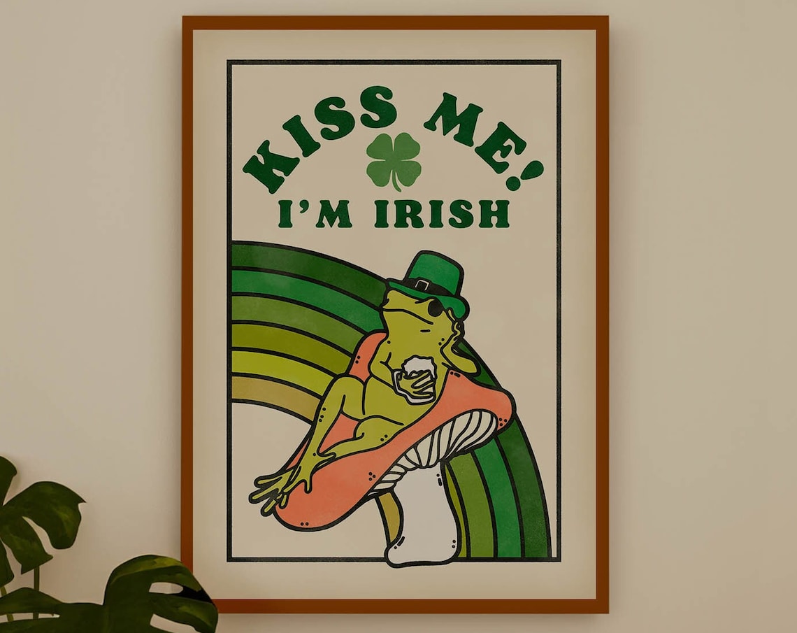 Kiss Me I'm Irish Frog Poster, Retro Cottagecore