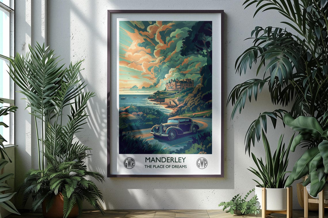 Manderley Coastal Mansion Vintage Car Sunset Classic Literature Poster - Image 3
