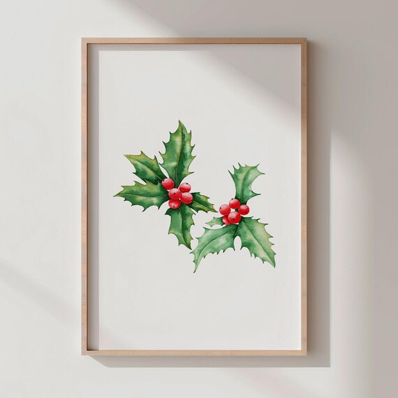 Watercolor Holly Branch Red Berries Christmas Botanical Wall Art