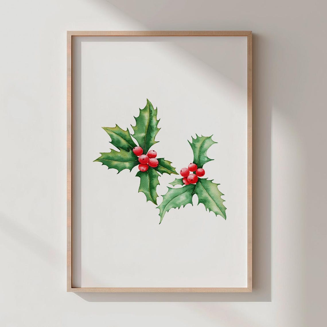 Watercolor Holly Branch Red Berries Christmas Botanical Wall Art