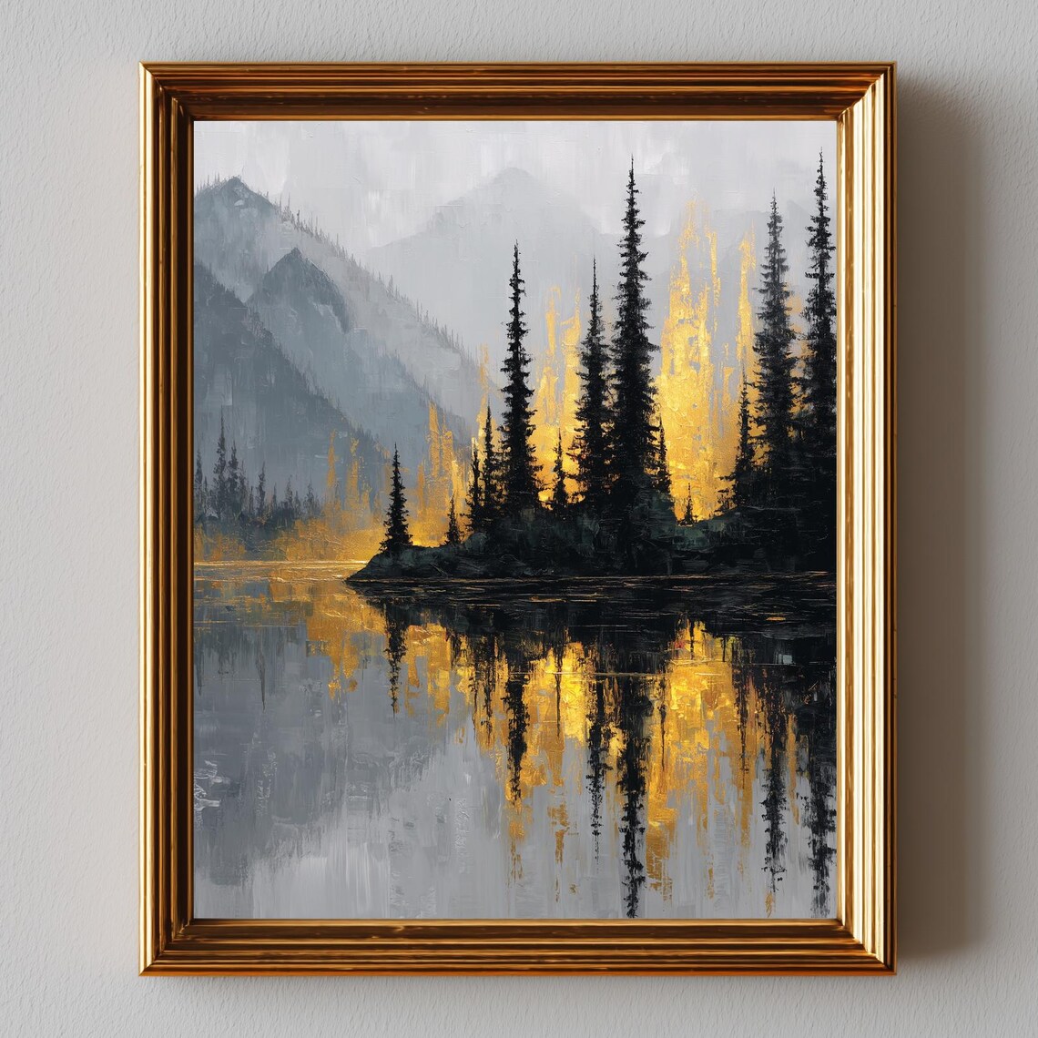 Tranquil Mountain Lake Sunset, Moody Landscape Art Print