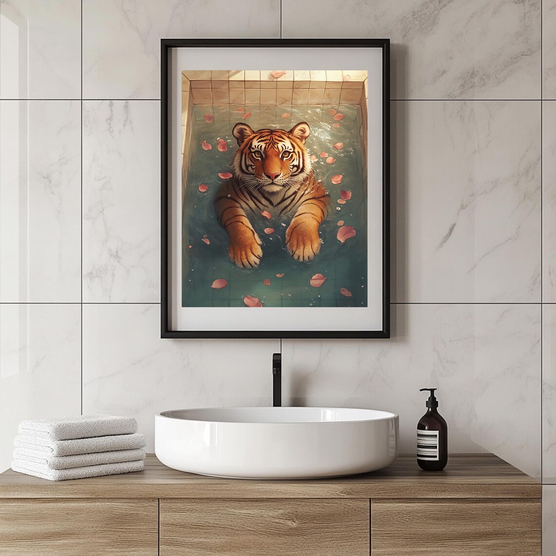 Tiger Bathing in Petal-Strewn Tiled Pool Maximalist Animal Poster - Image 2