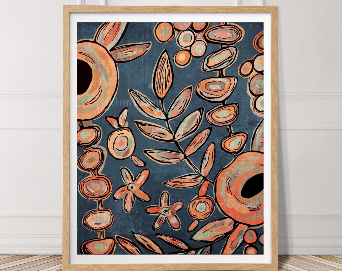 Abstract Botanical Floral in Navy and Orange Hand Drawn Art Print