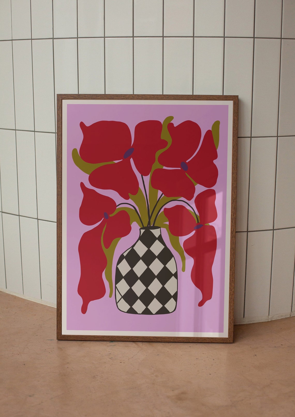 Red Poppy Flower Market Botanical Checkered Vase Floral Poster