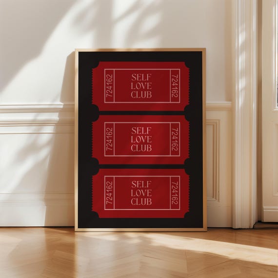 Red Self Love Ticket Poster Trendy Retro Positive Preppy Wall Art Affirmation Print Vintage Bedroom