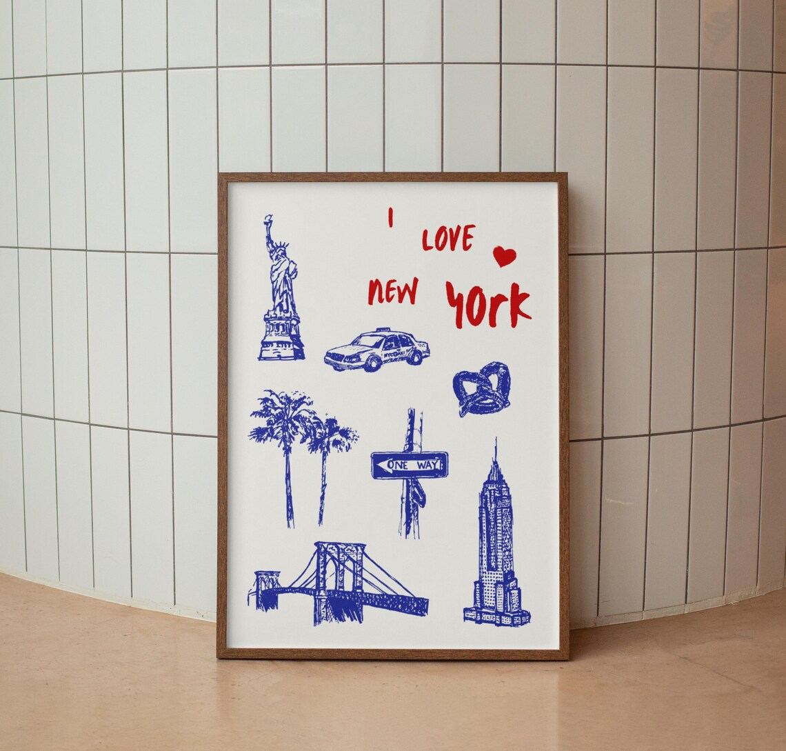 I Love New York Illustrated Statue of Liberty Taxi Collage Poster