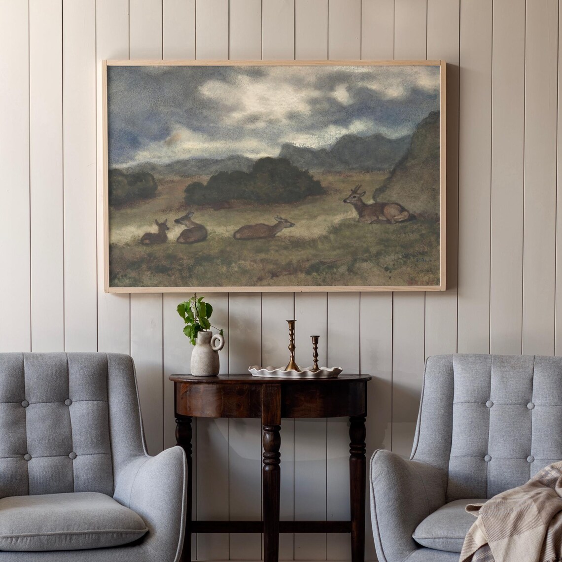 Vintage Deer Resting Meadow Painting Moody Mountain Landscape Wall Art Print