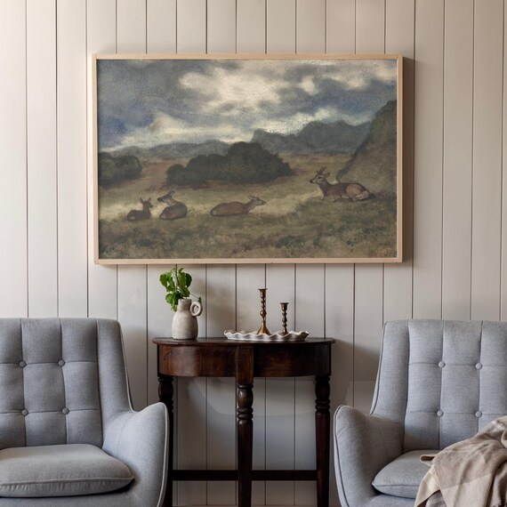 Vintage Deer Resting Meadow Painting Moody Mountain Landscape Wall Art Print