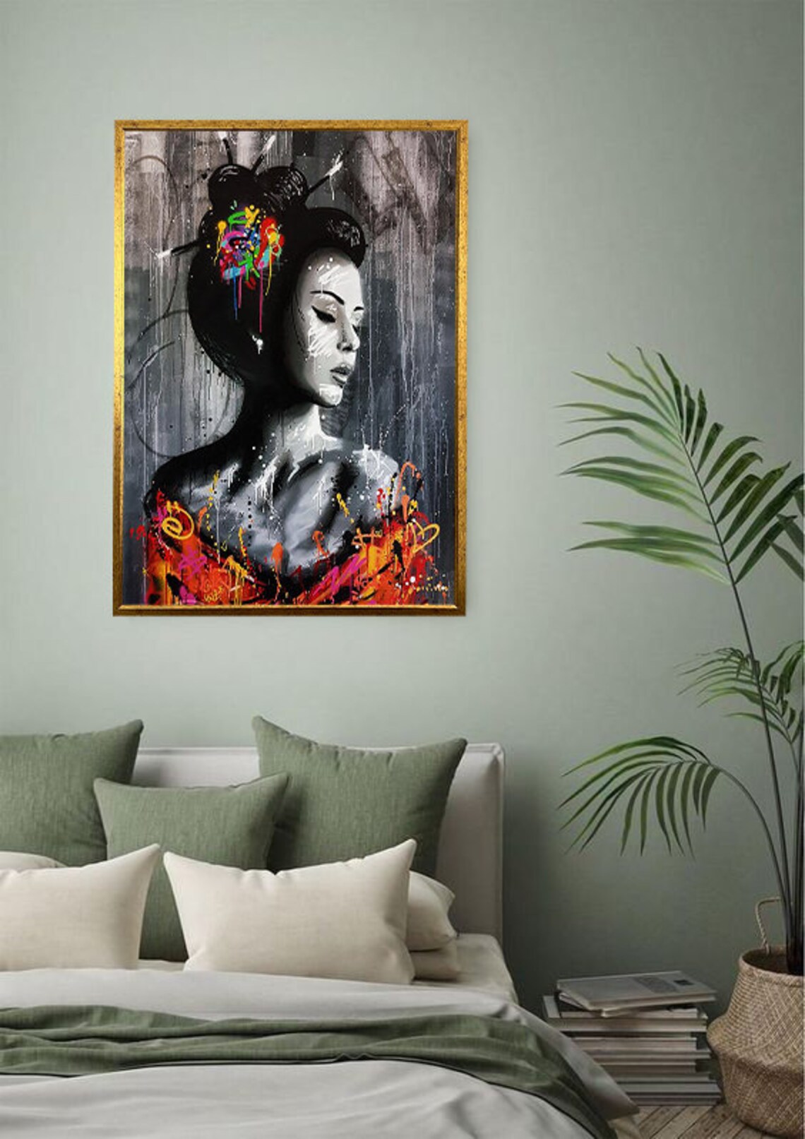 Geisha Portrait with Colorful Paint Splash Modern Japanese Poster - Image 2