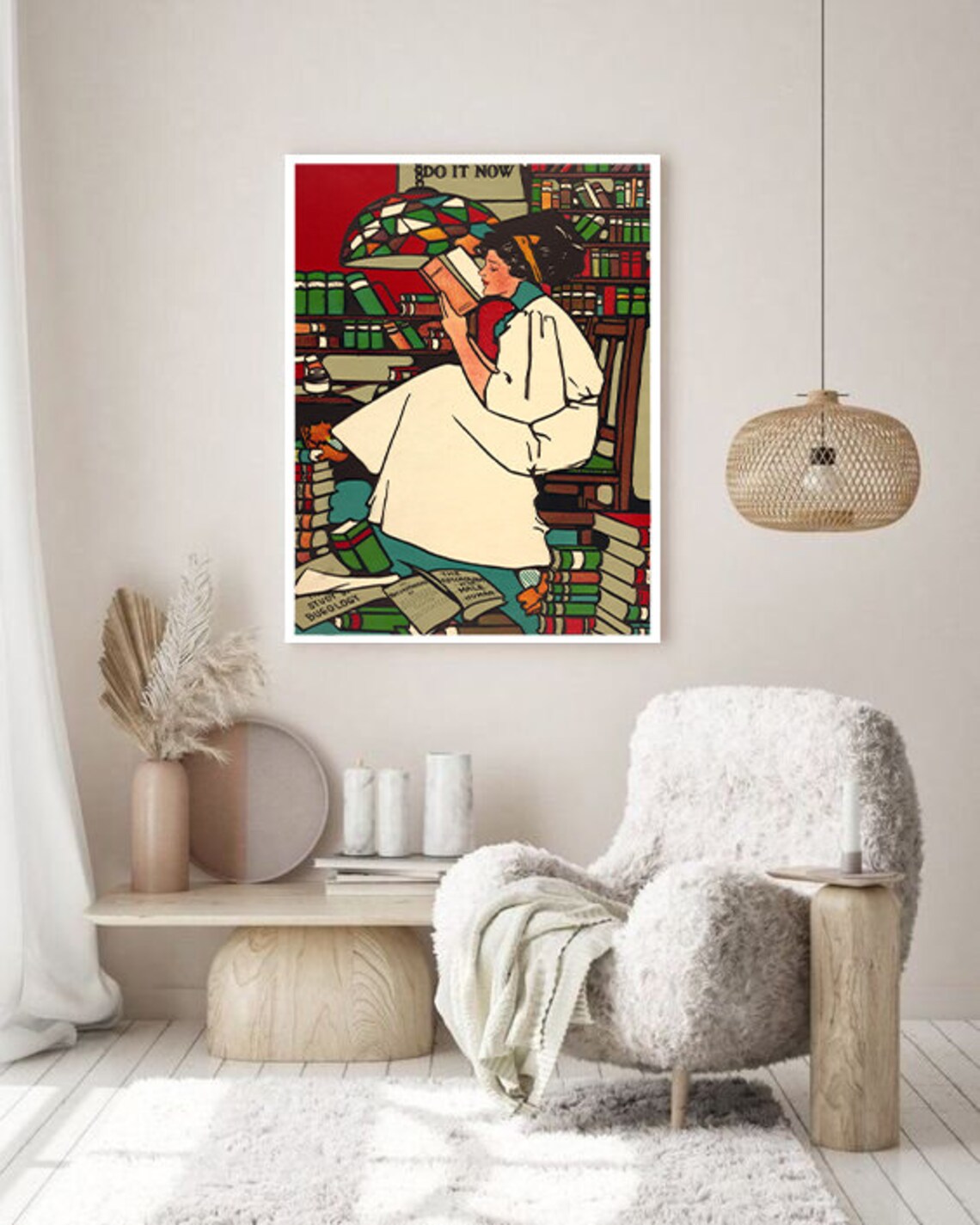 Vintage Woman Reading Among Bookshelves Library Illustration Poster - Image 3
