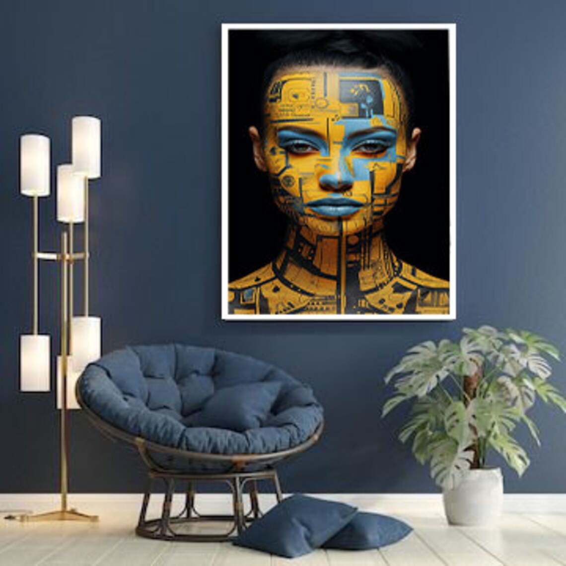 Gold and Blue Cyborg Woman Futuristic Robot Portrait Art Poster - Image 2