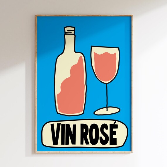 Vin Rose French Wine Blue Retro Bistro Kitchen Dining Art Poster
