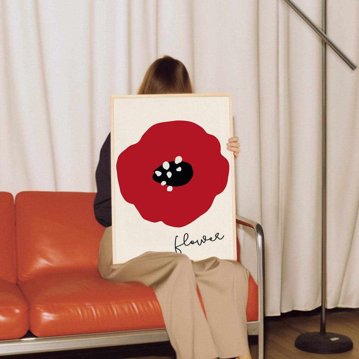 Bold Red Poppy Abstract Botanical Flower with Script Art Print