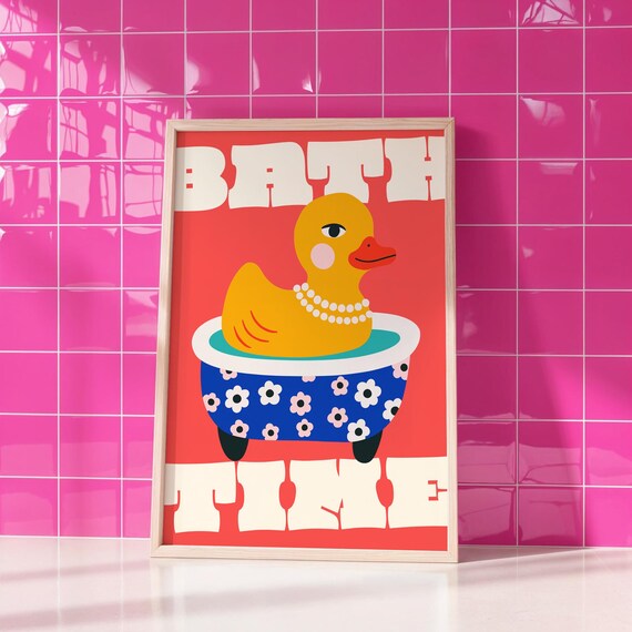 Bath Time Rubber Duck Funny Retro Bathroom Quote Colorful Poster