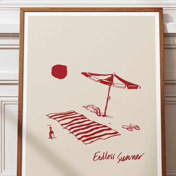 Endless Summer Red Line Art Beach Scene Coastal Summer Poster