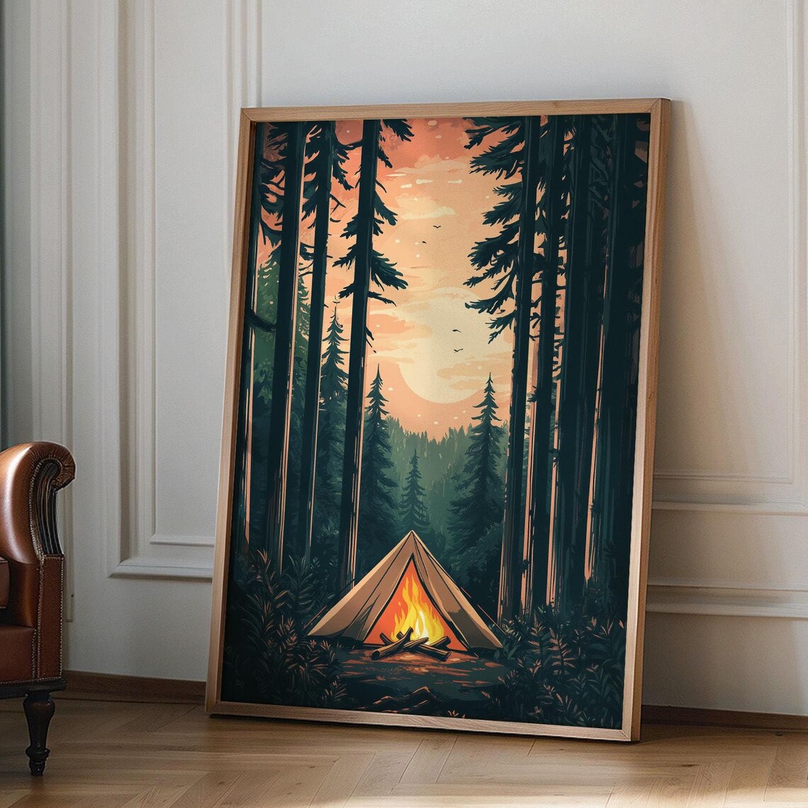 Forest Campfire Tent At Sunset In Pine Woods Rustic Nature Poster