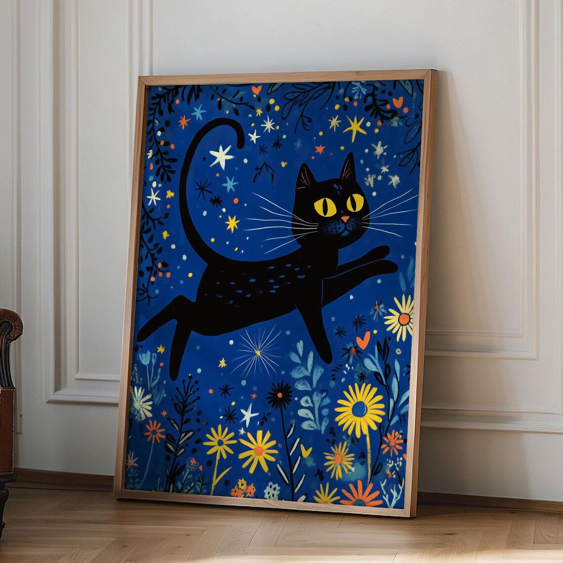 Black Cat Leaping in Starry Blue Night Sky Whimsical Art Poster