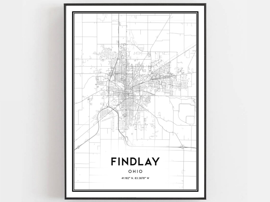Findlay Ohio Minimalist City Map Poster Black White Street Decor