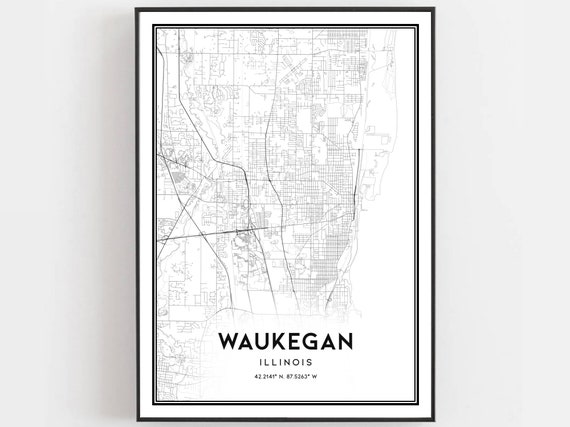 Waukegan Map Print Poster Wall Art Il City Illinois Street Decor Road Gift B947