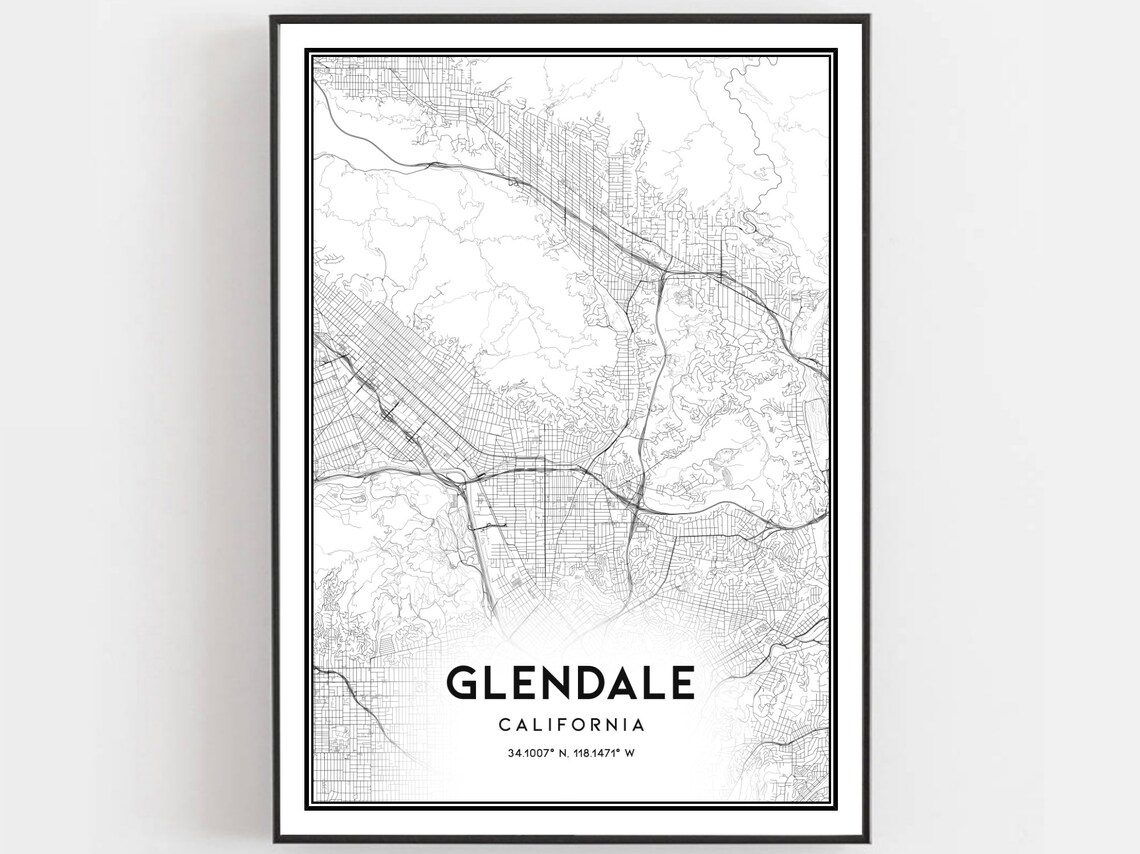 Glendale California Minimalist Black and White Street Map Art Print