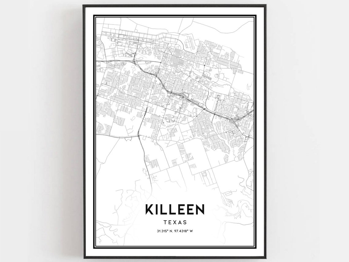 Killeen Texas Map Minimalist Black and White City Street Poster