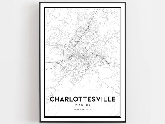 Charlottesville Map Print Poster Wall Art Va City Virginia Street Decor Road Gift B870