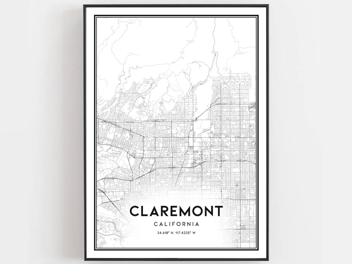 Claremont California Minimalist City Map Poster Black White Street Decor