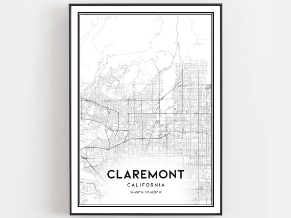 Claremont Map Print Poster Wall Art Ca City Street Decor Road Gift B1710