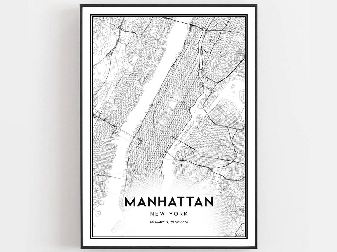 Manhattan New York Street Map Black White Minimalist City Poster