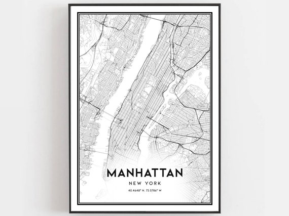 Manhattan Map Print Poster Wall Art Ny City New York Street Decor Road Gift B179