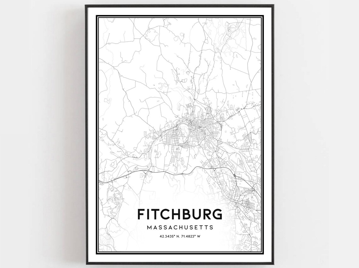 Fitchburg Massachusetts Minimalist Black and White City Street Map Poster