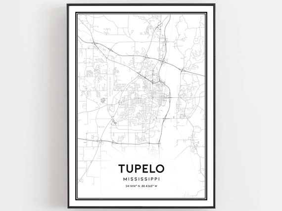 Tupelo Map Print Poster Wall Art Ms City Mississippi Street Decor Road Gift B1473