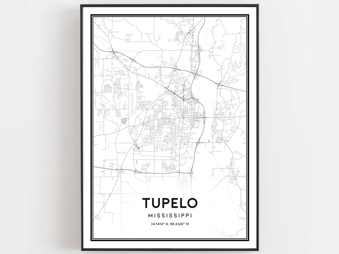 Tupelo Mississippi City Street Map Minimalist Black White Poster
