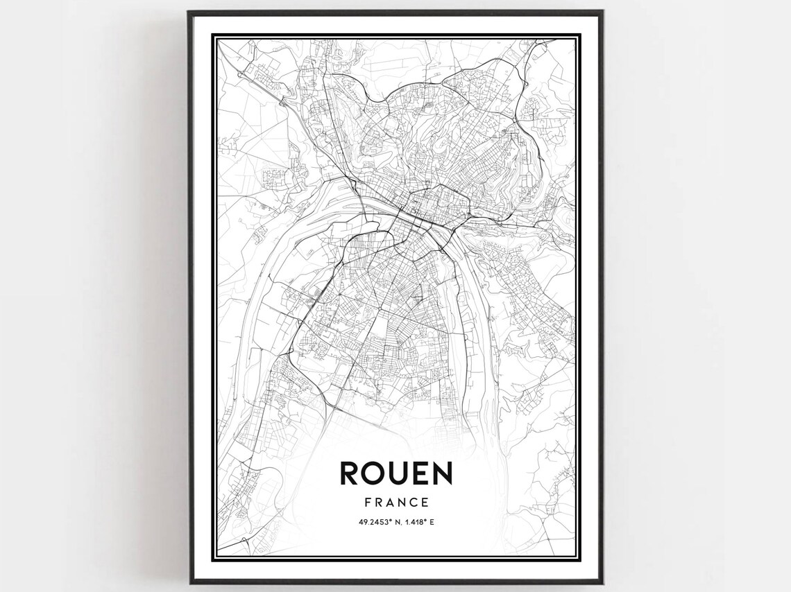 Rouen France City Street Map Elegant Black And White Wall Poster