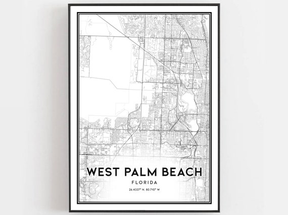 West Palm Beach Map Print Poster Wall Art Fl City Florida Street Decor Road Gift B836