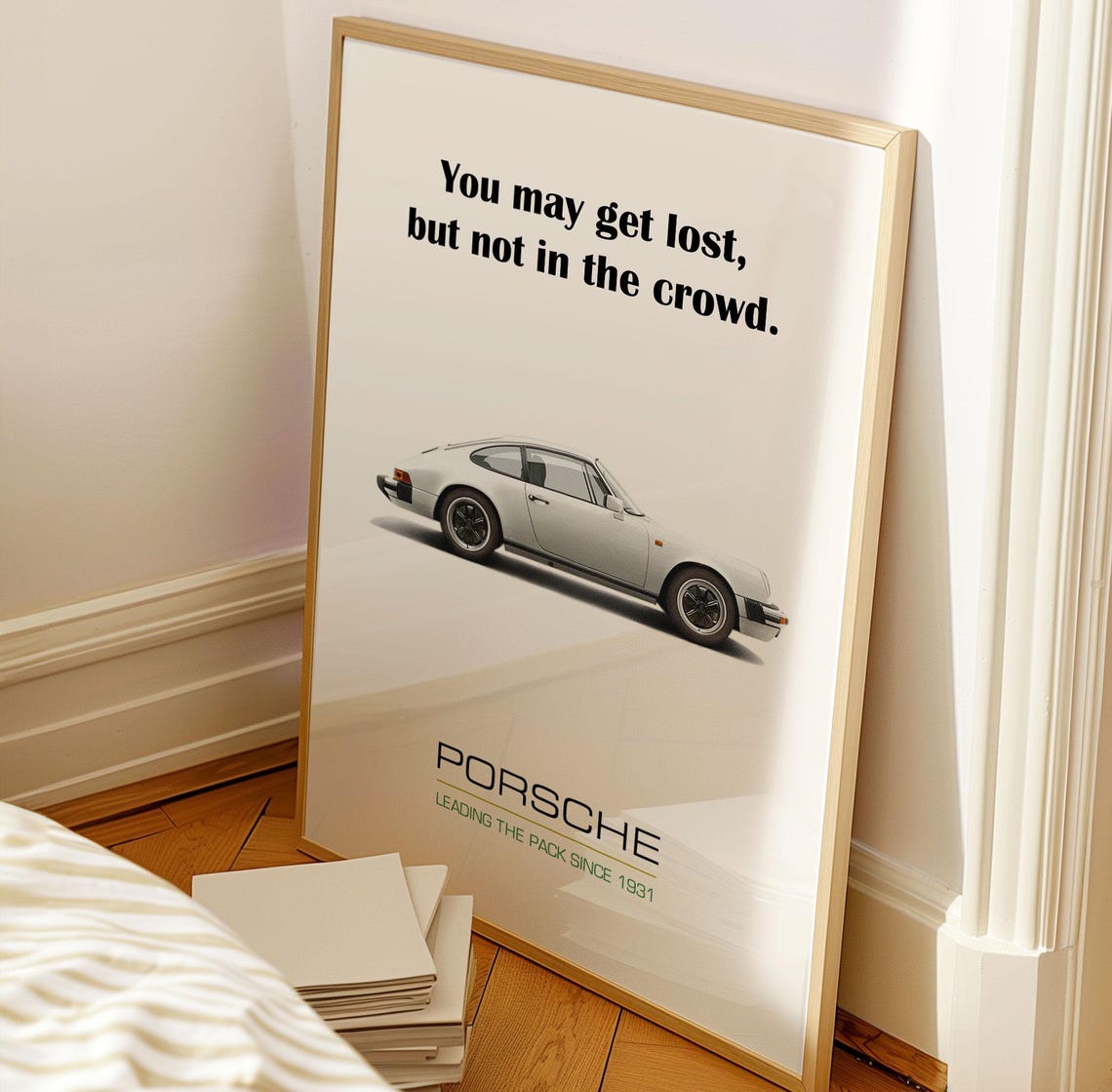 White Porsche 911 Lost But Not In The Crowd Garage Quote Poster - Image 2