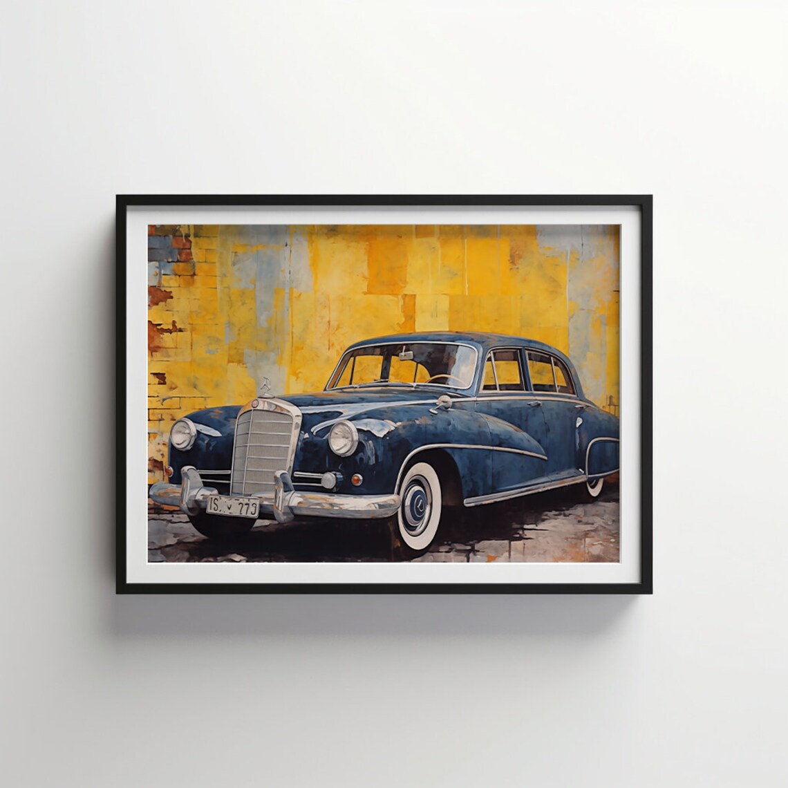Vintage Classic Blue Sedan Against Mustard Yellow Brick Wall Poster