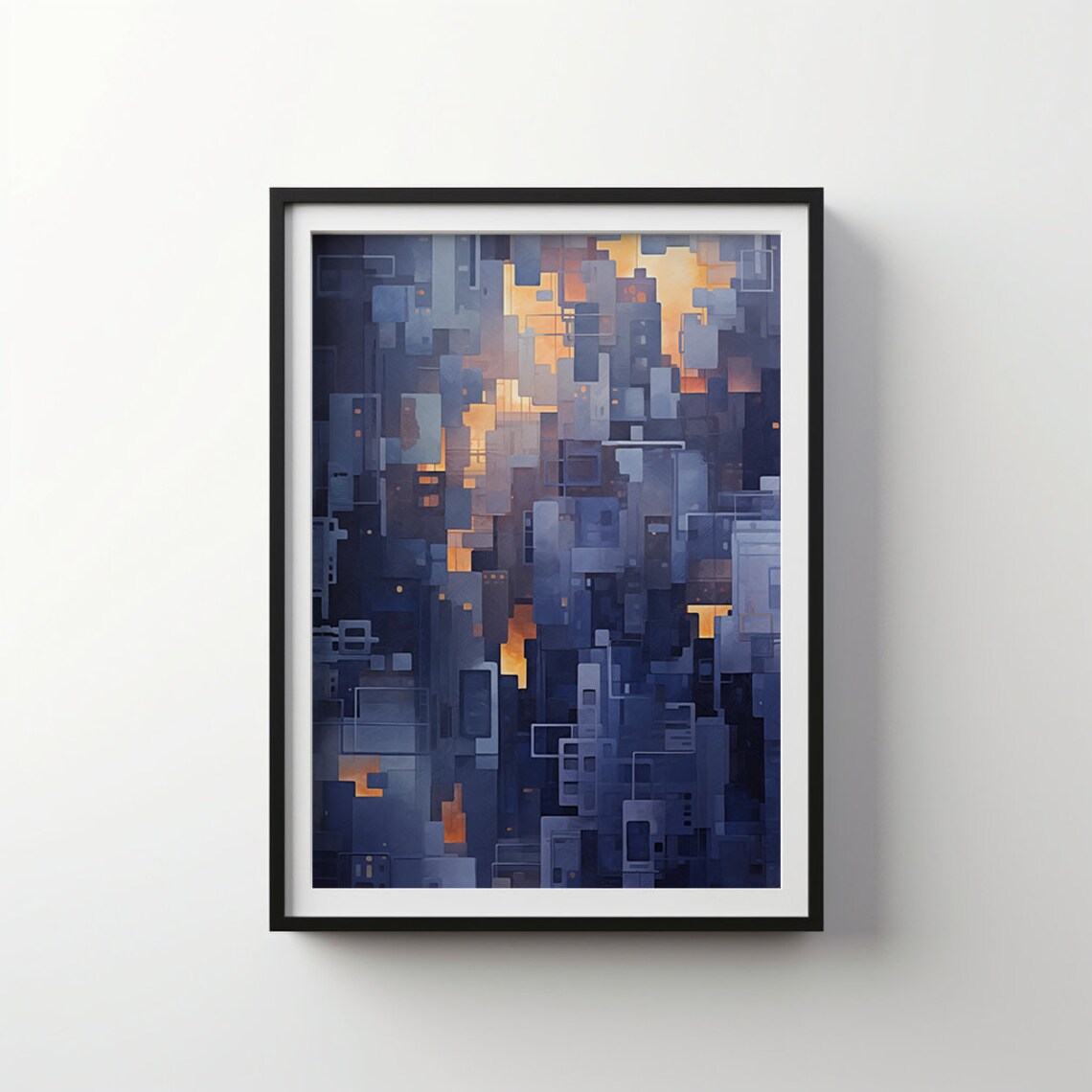 Indigo Urban Skyline at Dusk Abstract Cubist Cityscape Poster