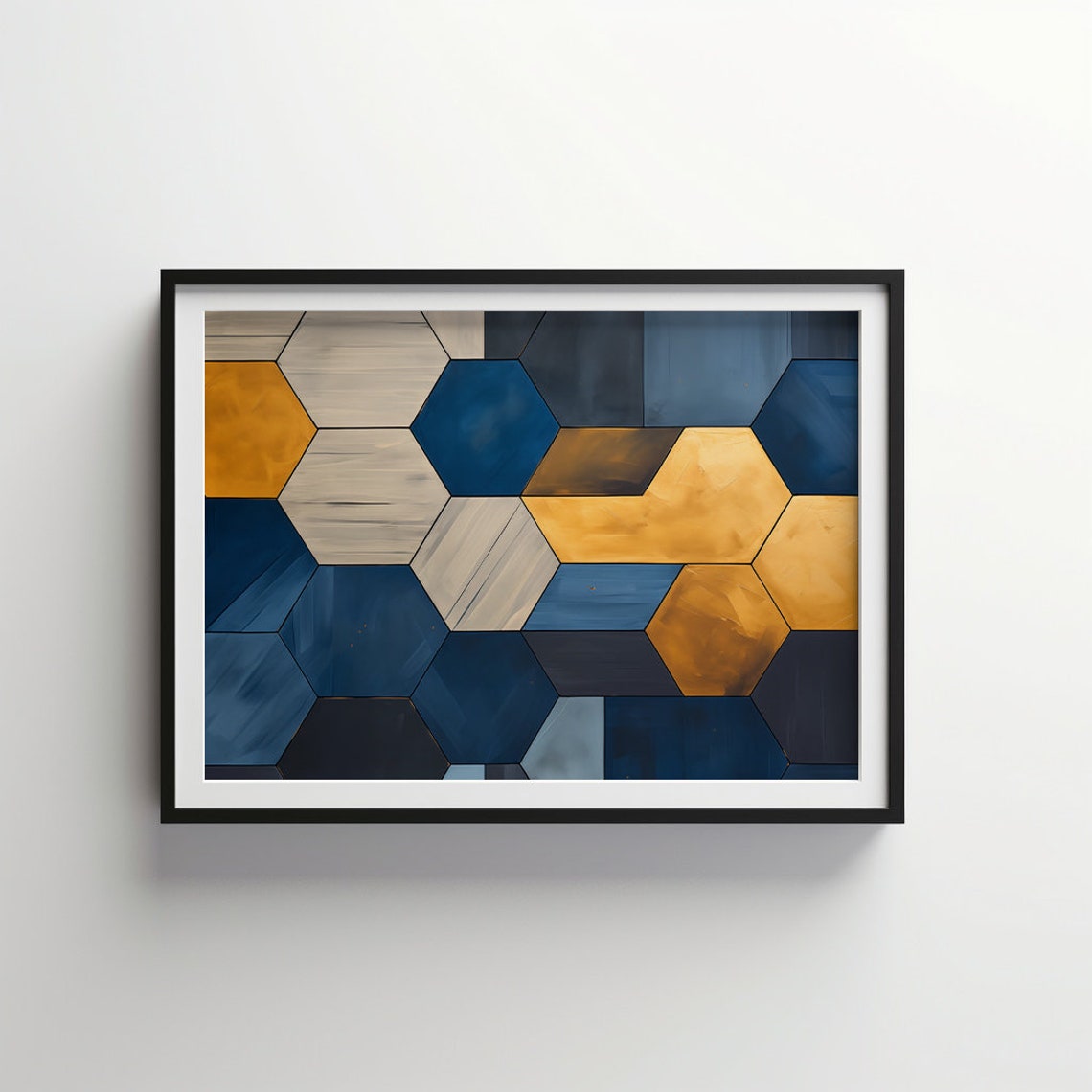Hexagon Tile Pattern Blue Gold Abstract Geometric Art Poster