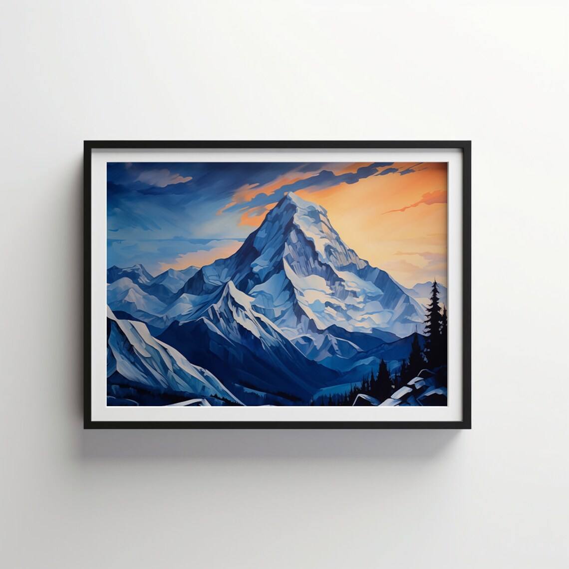 Indigo Mountain Majesty Snowy Peaks at Sunset Landscape Poster