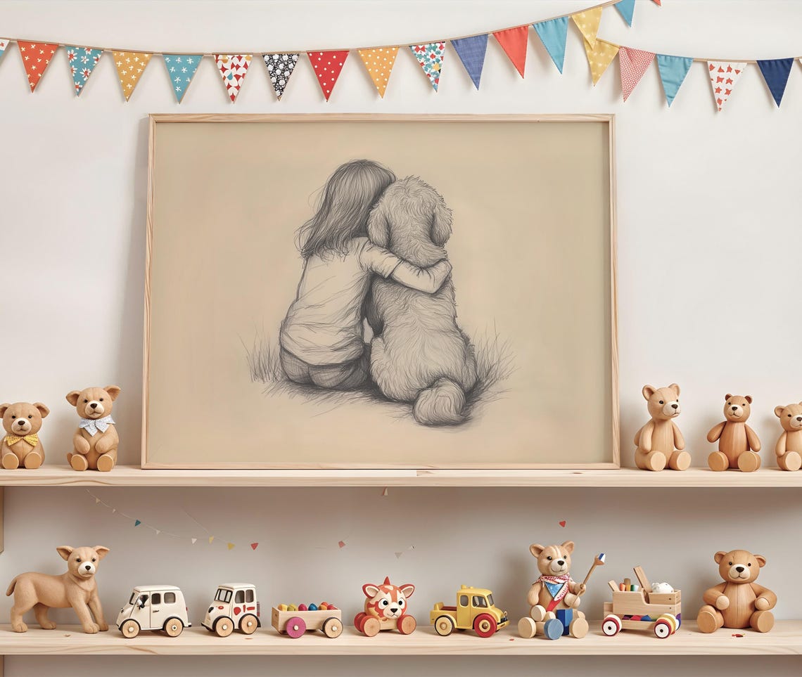 Girl With Goldendoodle Art Print Childs Room Puppy Baby Nursery Vintage Poster Dog Sketch Girls Retro Drawing 642