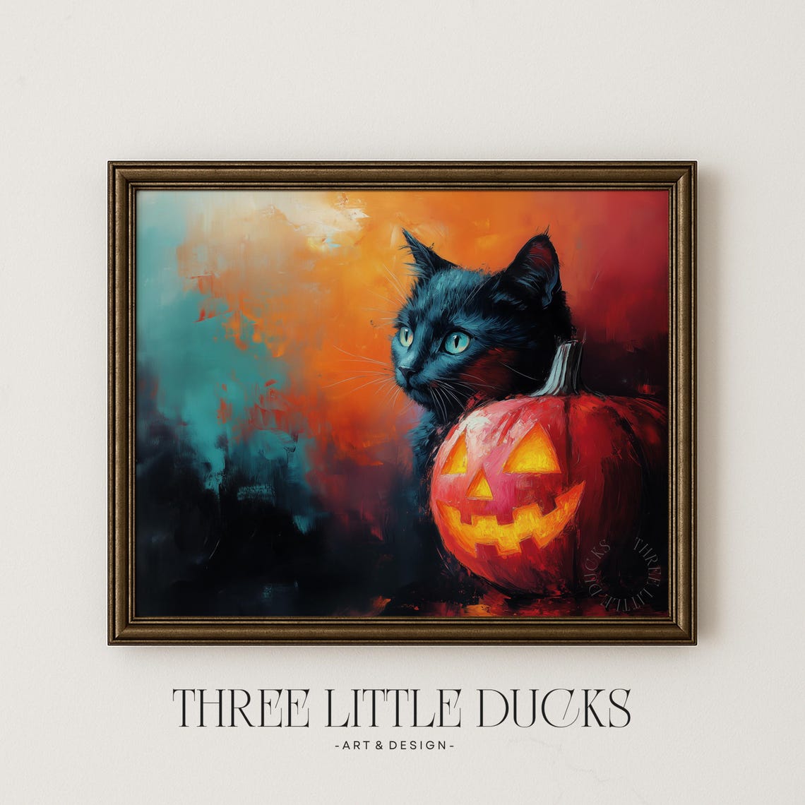 Black Cat and Jack O Lantern Halloween Painted Decorative Wall Art