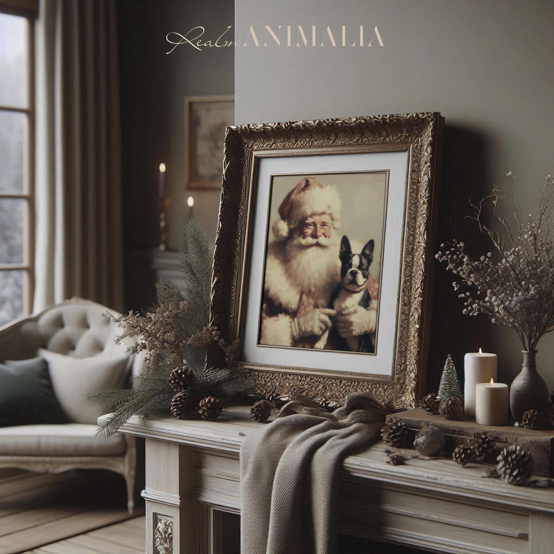Santa Claus Holding Boston Terrier Festive Christmas Portrait Poster - Image 3