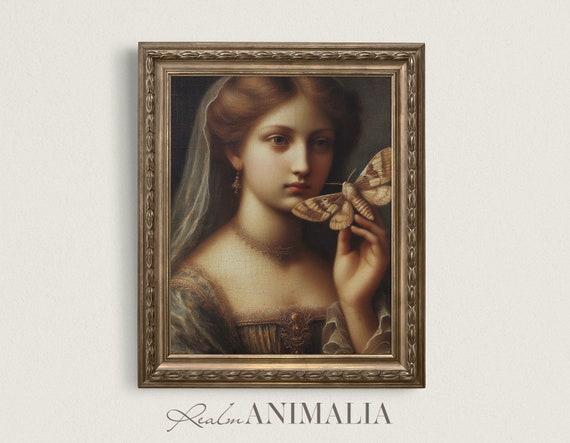 Vintage Woman With Moth Portrait Painting Moody Dark Academia Portrait Wall Art Antique Portrait Art Hu002