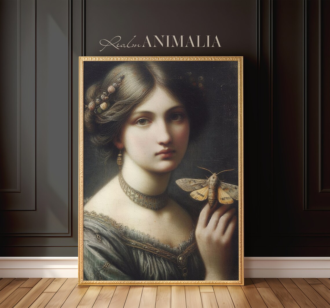 Vintage Victorian Woman Portrait Holding Moth Dark Academia Gothic Art Poster - Image 3