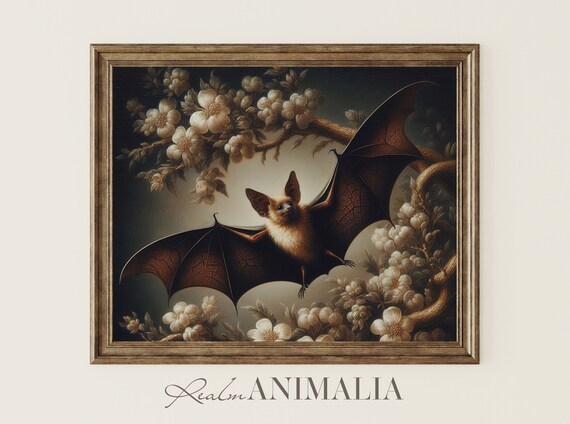 Flying Bat Art Print Vintage Floral Botanical Bat Painting Neutral Moody Wildlife Animal Wall Poster Bt008