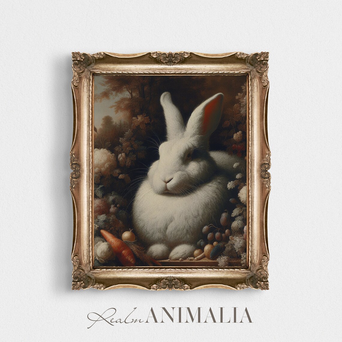 Fluffy White Rabbit Among Garden Vegetables And Flowers Vintage Art Print - Image 2