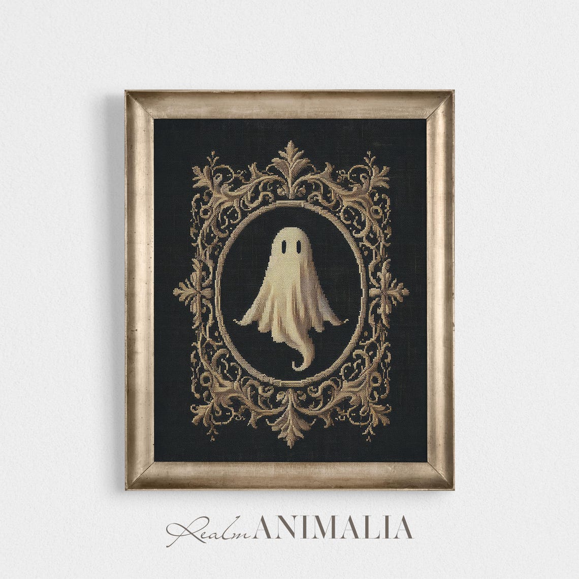 Tiny Ghost In Gold Oval Medallion Black Gothic Tapestry Art Print - Image 4