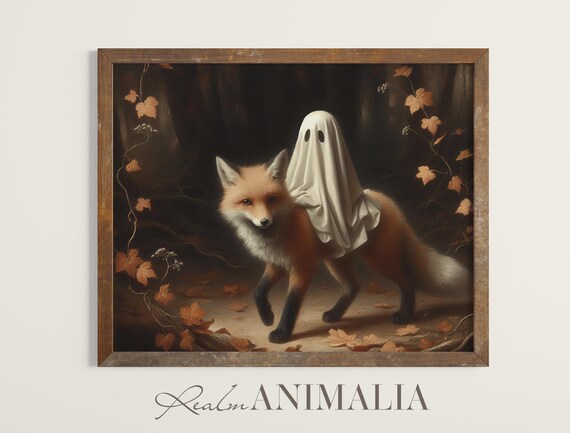 Little Ghost Riding Red Fox Autumn Leaves Dark Forest Halloween Art Poster
