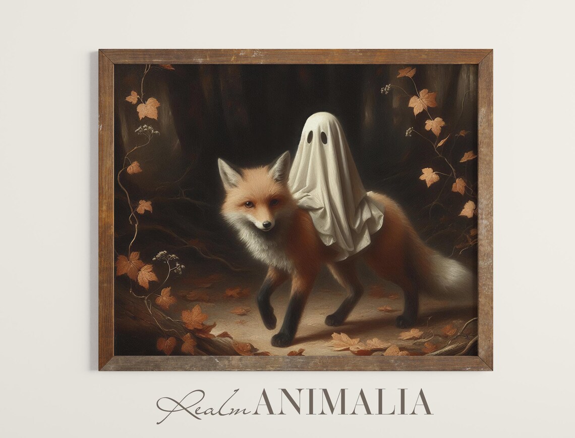 Little Ghost Riding Red Fox Autumn Leaves Dark Forest Halloween Art Poster